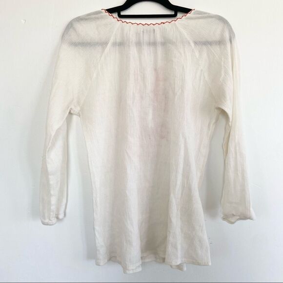 Earthbound Embroidered Gauze Ivory Red Peasant Blouse With Tassels Size Medium - Picture 3 of 7